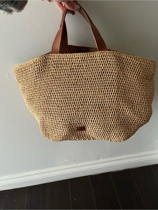 Ela Handbags - Woven Straw Tote with Brown Leather Handles
